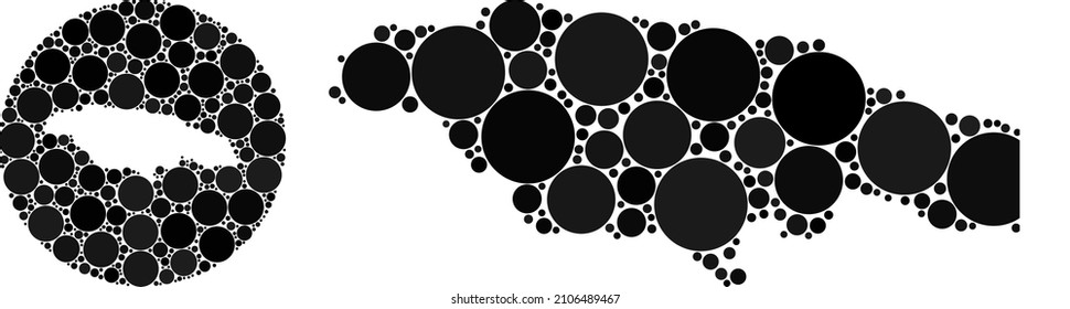 Vector mosaic Jamaica map of circle parts. Mosaic geographic Jamaica map is created as carved shape from round shape with circle elements in black color hues. Pixelated vector mosaic Jamaica map.