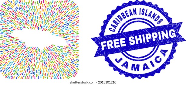 Vector mosaic Jamaica map of pointing arrows and scratched Free Shipping stamp. Mosaic Jamaica map designed as stencil from rounded square shape using emigration arrows.