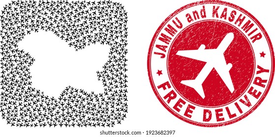 Vektor-Mosaik Jammu und Kaschmir Staatskarte von Flugzeuglieferelementen und grunge Free Delivery-Siegel.