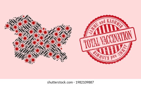 Vector mosaic Jammu and Kashmir State map of SARS virus, syringe icons, and red grunge vaccination seal. Virus items and vaccination items inside Jammu and Kashmir State map.