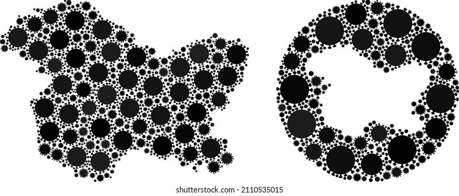 Vektor-Mosaik Jammu und Kaschmir Staatskarte der Grippevirus-Elemente. Mosaik geographische Jammu- und Kaschmir-Staatskarte, konstruiert als Subtraktion aus dem Kreis mit covid-Virus-Symbolen in schwarzen Farbtönen.