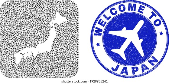 Vector mosaic Japan map of airlines items and grunge Welcome seal. Mosaic geographic Japan map designed as carved shape from rounded square shape using airliners.