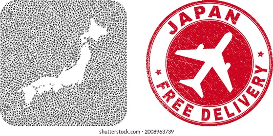 Vector mosaic Japan map of airplane items and grunge Free Delivery badge. Mosaic geographic Japan map designed as subtraction from rounded square with flying away aviation items.