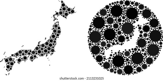 Vector mosaic Japan map of covid infection items. Mosaic geographic Japan map constructed as carved shape from circle with covid infection items in black color hues.
