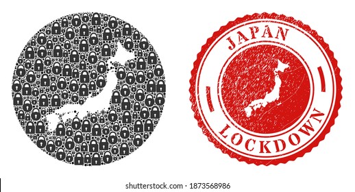 Vector mosaic Japan map of locks and grunge LOCKDOWN stamp. Mosaic geographic Japan map designed as carved shape from round shape with black locks.