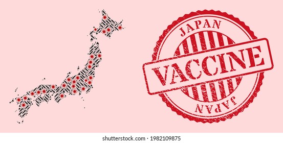 Vector mosaic Japan map of SARS virus, vaccine icons, and red grunge vaccine seal stamp. Virus items and treatment particles inside Japan map. Red stamp with distress rubber texture and vaccine tag.