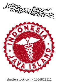 Vector mosaic Java Island map and red round grunge stamp watermark with medicine sign. Java Island map collage formed with oval elements. Red rounded health care seal stamp, with unclean texture.