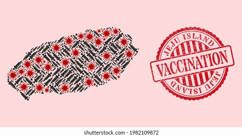 Vector mosaic Jeju Island map of SARS virus, syringe icons, and red grunge vaccine seal. Virus particles and dose needles inside Jeju Island map. Red seal with grunge rubber texture and vaccine tag.