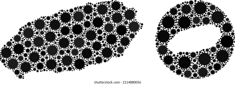 Vector mosaic Jeju Island map of covid virus elements. Mosaic geographic Jeju Island map created as carved shape from circle with flu virus elements in black color hues.
