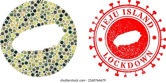 Mosaico vectorial de la isla de Jeju Mapa de los elementos de brotes de virus y sello LOCKDOWN grueso.