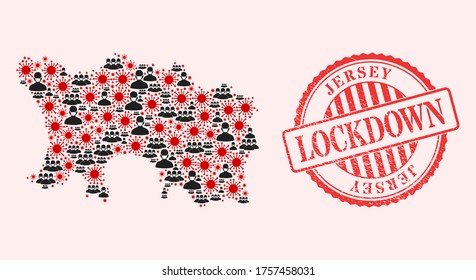 Vector mosaic Jersey Island map of covid-2019 virus, masked men and red grunge lockdown seal. Virus items and men in masks inside Jersey Island map.