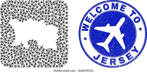 Vector mosaic Jersey Island map of air shipping items and grunge Welcome badge. Mosaic geographic Jersey Island map designed as subtraction from rounded square with air flights.