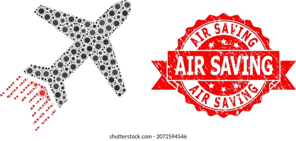 Vector Mosaic Jet Liner Of SARS Virus, And Air Saving Textured Ribbon Seal Imitation. Virus Particles Inside Jet Liner Mosaic. Red Stamp Seal Contains Air Saving Title Inside Ribbon.