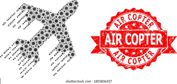 Vector mosaic jet plane of covid-2019 virus, and Air Copter dirty ribbon seal print. Virus cells inside jet plane mosaic. Red stamp seal has Air Copter title inside ribbon.