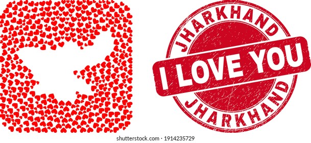 Vector mosaic Jharkhand State map of valentine heart elements and grunge love seal. Mosaic geographic Jharkhand State map designed as stencil from rounded square with love hearts.