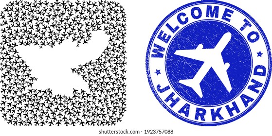 Vector mosaic Jharkhand State map of air flight elements and grunge Welcome seal. Mosaic geographic Jharkhand State map constructed as carved shape from rounded square with air tourism.