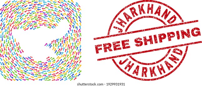 Vector mosaic Jharkhand State map of swirl arrows and scratched Free Shipping stamp. Mosaic geographic Jharkhand State map created with color moving arrows near rounded square stencil.