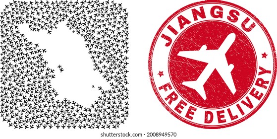 Vektor mosaic Jiangsu Provinz Karte von Flugzeuglieferelementen und grunge Free Delivery Badge.