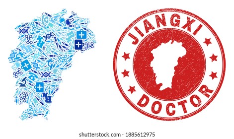 Vector mosaic Jiangxi Province map of medical icons, medicine symbols, and grunge doctor seal. Red round seal with grunge rubber texture and Jiangxi Province map text and map.