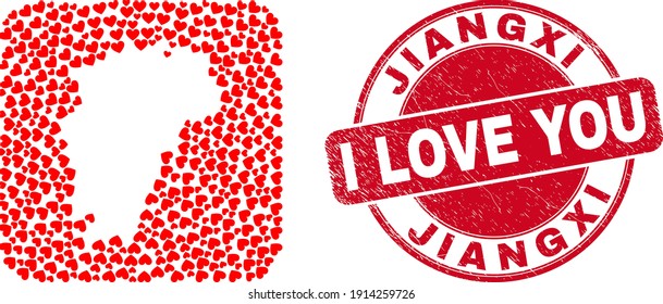 Vector mosaic Jiangxi Province map of love heart items and grunge love badge. Mosaic geographic Jiangxi Province map created as stencil from rounded square shape using lovely hearts.