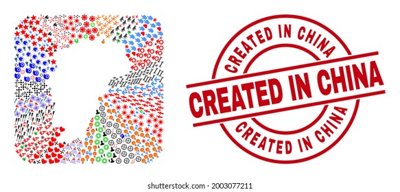 Vector mosaic Jiangxi Province map of different pictograms and Created in China seal. Mosaic Jiangxi Province map created as carved shape from rounded square shape.