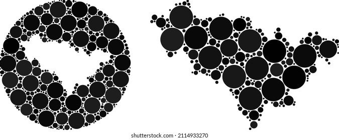 Mapa de partes redondas del mosaico vectorial de la provincia de Jilin. Mapa de la provincia de Jilin geográfico mosaico construido como sustracción de forma redonda con elementos redondeados en tonos de color negro.