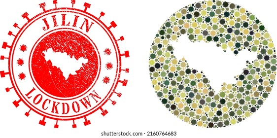 Vektor mosaic Jilin Provinz Karte von Coronavirus Elemente und grunge LOCKDOWN Stempel.