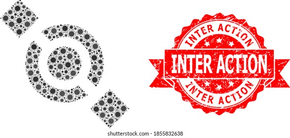 Vector mosaic joint node of virus, and Inter Action textured ribbon stamp seal. Virus items inside joint node composition. Red seal includes Inter Action text inside ribbon.