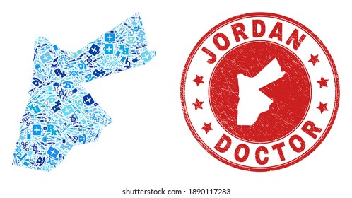 Vector mosaic Jordan map with vaccination icons, hospital symbols, and grunge healthcare imprint. Red round imprint with grunge rubber texture and Jordan map tag and map.