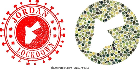 Vector mosaic Jordan map of virus items and grunge LOCKDOWN stamp. Mosaic geographic Jordan map constructed as hole from circle with viral items in camo military colors.