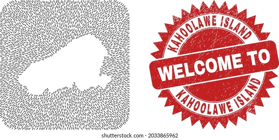 Vector mosaic Kahoolawe Island map of direction arrows and rubber Welcome seal stamp. Mosaic geographic Kahoolawe Island map designed as hole from rounded square with straight arrows.
