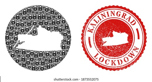 Vector mosaic Kaliningrad Region map of locks and grunge LOCKDOWN seal stamp. Mosaic geographic Kaliningrad Region map created as stencil from round shape with black locks.