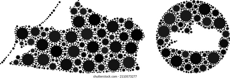 Vector mosaic Kaliningrad Region map of covid elements. Mosaic geographic Kaliningrad Region map designed as carved shape from round shape with virus items in black color hues.