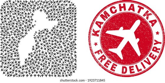Vector mosaic Kamchatka map of aircraft items and grunge Free Delivery seal. Mosaic geographic Kamchatka map constructed as carved shape from rounded square shape with flying out air force symbols.