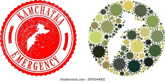 Vector mosaic Kamchatka map of flu virus elements and grunge EMERGENCY seal stamp. Mosaic geographic Kamchatka map created as carved shape from circle with coronavirus icons in khaki army colors.