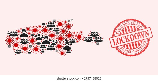 Vector mosaic Kangaroo Island map of corona virus, masked people and red grunge lockdown seal. Virus cells and people in masks inside Kangaroo Island map.