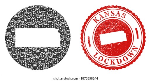 Mosaico vectorial del estado de Kansas, mapa de cerraduras y estampado LOCKDOWN. Mapa geográfico mosaico del estado de Kansas creado como forma tallada a partir de forma redonda con cerraduras negras.