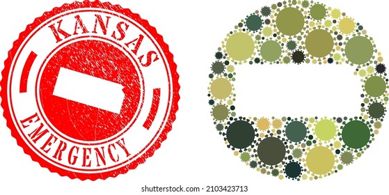 Vector mosaic Kansas State map of sars virus icons and grunge EMERGENCY seal.