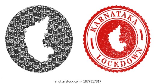 Vector mosaic Karnataka State map of locks and grunge LOCKDOWN seal stamp. Mosaic geographic Karnataka State map constructed as subtraction from round shape with black locks.