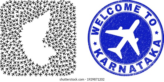 Vector mosaic Karnataka State map of trip items and grunge Welcome badge. Mosaic geographic Karnataka State map designed as carved shape from rounded square shape with airflights.