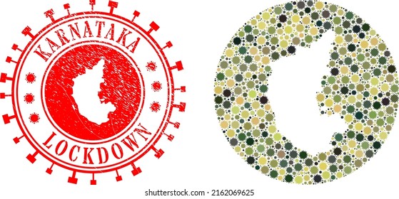 Vector Mosaic Karnataka State Map Of Covid Infection Items And Grunge LOCKDOWN Badge.