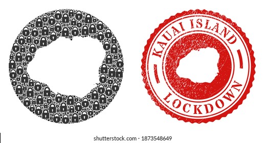 Mosaico vectorial de la isla de Kauai mapa de cerraduras y sello de sello de RELOJ grunge. Mapa geográfico mosaico de la isla de Kauai construido en forma tallada de círculo con cerraduras negras.