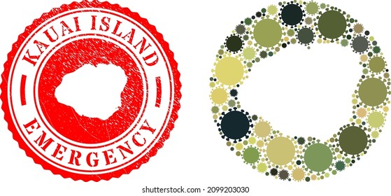 Vector mosaic Kauai Island map of covid-2019 icons and grunge EMERGENCY seal stamp.