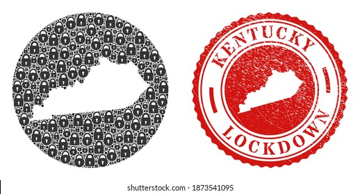 Vector mosaic Kentucky State map of locks and grunge LOCKDOWN seal stamp. Mosaic geographic Kentucky State map created as carved shape from round shape with black locks.