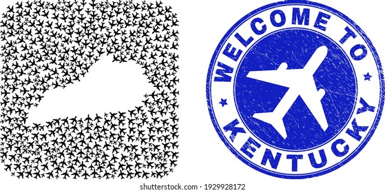 Vector mosaic Kentucky State map of airport items and grunge Welcome badge. Mosaic geographic Kentucky State map designed as stencil from rounded square with airflights.