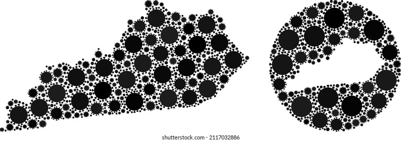 Vector mosaic Kentucky State map of covid virus items. Mosaic geographic Kentucky State map designed as carved shape from circle with covid-2019 items in black color hues.