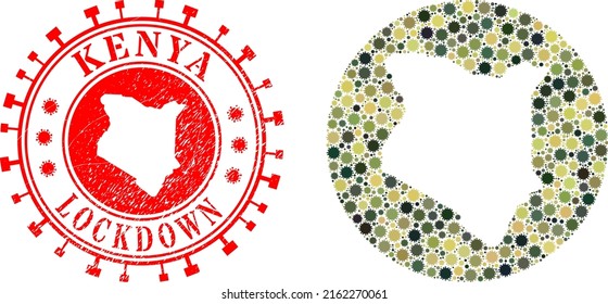 Vector mosaic Kenya map of covid infection elements and grunge LOCKDOWN badge. Mosaic geographic Kenya map created as hole from round shape with covid infection items in camo military color hues.