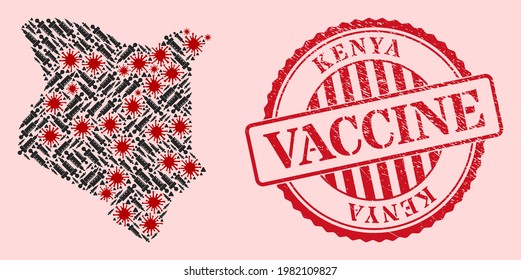Vector mosaic Kenya map of covid-2019 virus, vaccine icons, and red grunge vaccine seal stamp. Virus elements and treatment needles inside Kenya map.