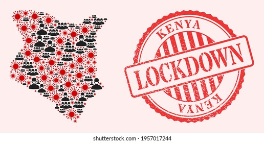 Vector mosaic Kenya map of flu virus, masked people and red grunge lockdown seal stamp. Virus cells and people in masks inside Kenya map. Red stamp with grunge rubber texture and LOCKDOWN word.