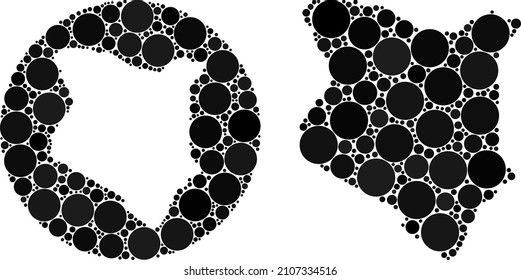 Vector mosaic Kenya map of spheric elements. Mosaic geographic Kenya map is constructed as carved shape from round shape with sphere parts in black color hues. Pixelated vector mosaic Kenya map.